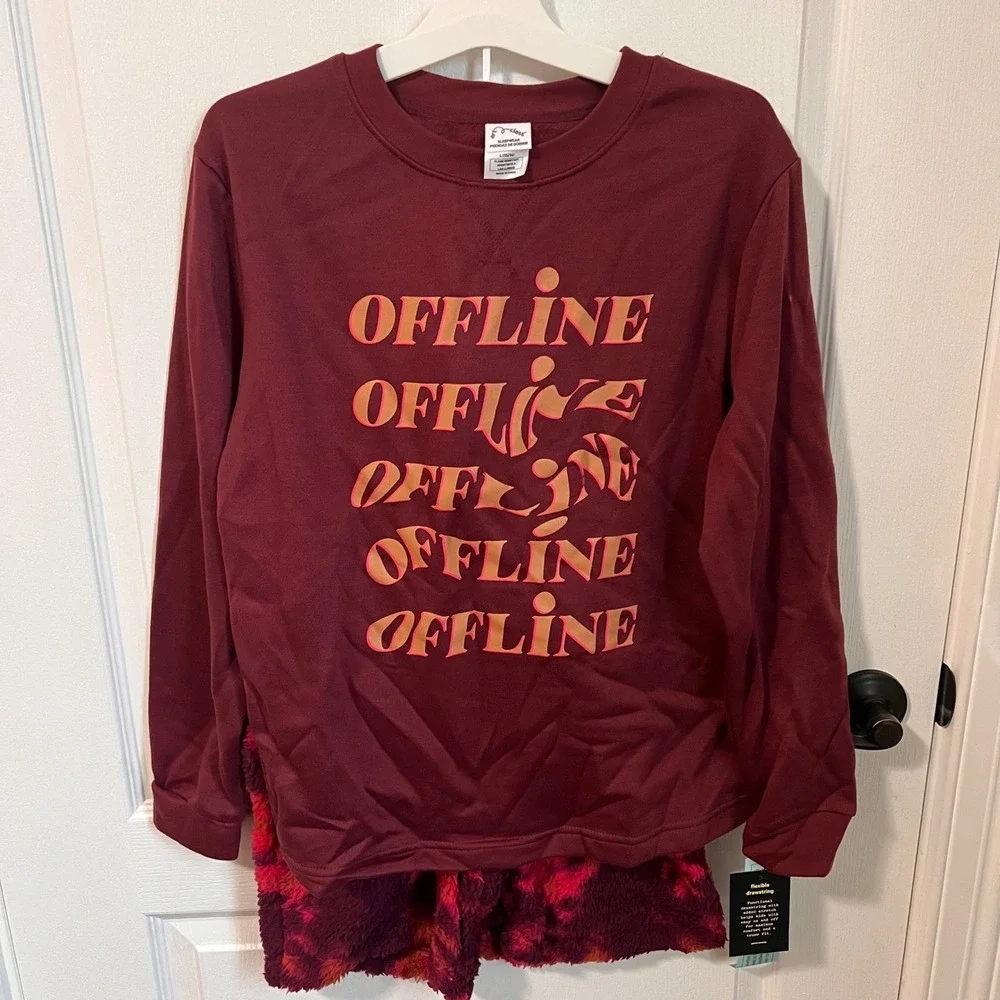 Art Class Girls Burgundy Offline Graphic Fleece Pajama Set L 12 14 Sleepwear NWT
